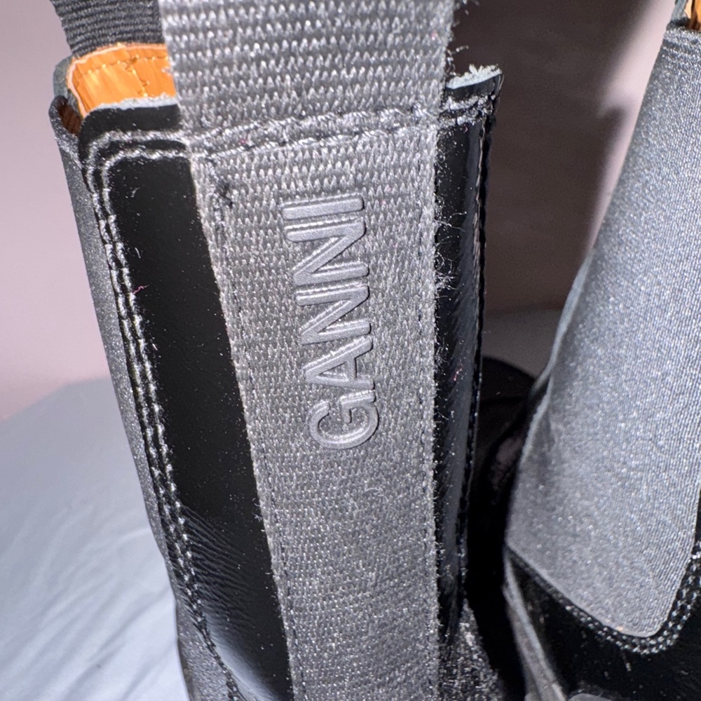 GANNI Cleated Heeled Mid Chelsea Boots in Black Naplack GUC - Picture 9 of 14